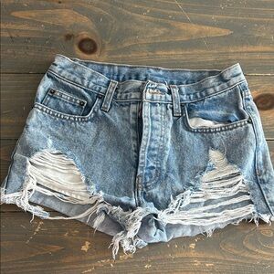 High-Rise Distressed Denim Shorts - Light Blue